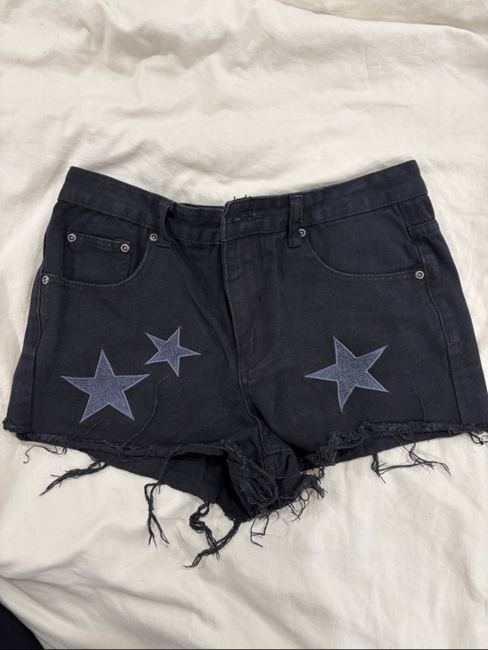 Nasty Gal Black Distressed Denim Shorts with Star Appliqués